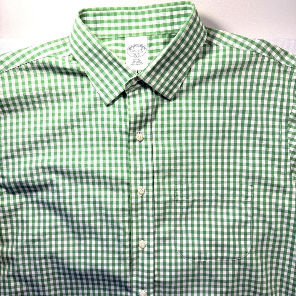 Brooks Brothers Slim Fit Lg Green & White Gingham Check 100% Cotton 16.5
